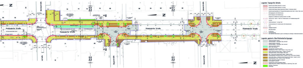 Lageplan Umbau Picheldorfer Straße zwischen Adamstraße und Weverstraße: Die farbigen Bereiche werden neu gestaltet.