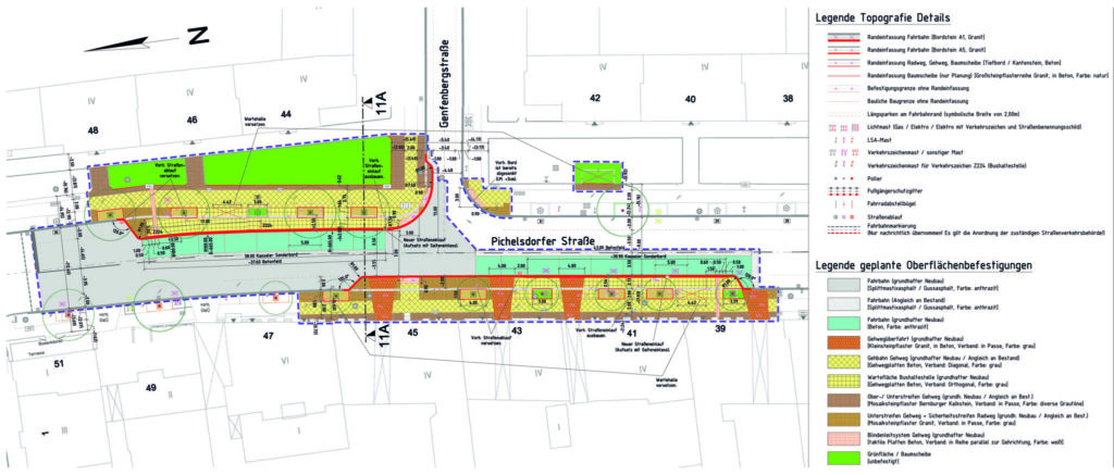 der Lageplan zeigt die geplanten Umbaumaßnahmen: die Gehwegvorstreckung und Bushaltestellen an der Einmündung Genfenbergstraße.